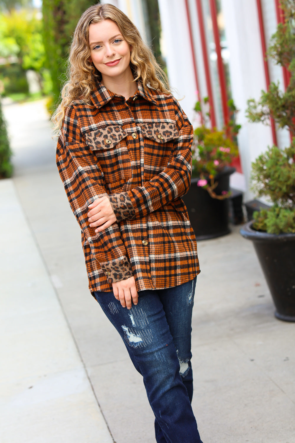 ONLINE EXCLUSIVE! Plaid & Animal Print Button Down Shacket