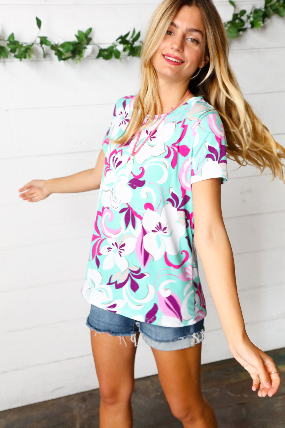 ONLINE EXCLUSIVE Turquoise & Purple Flat Floral Print Top