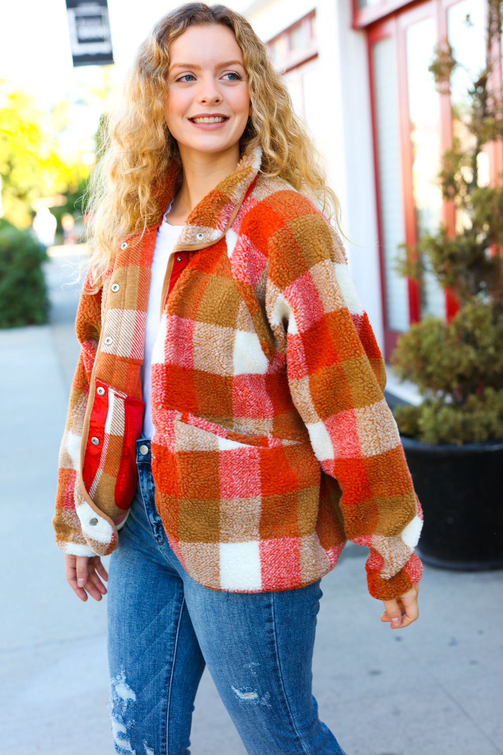 ONLINE EXCLUSIVE Rust & Camel Plaid Sherpa Jacket