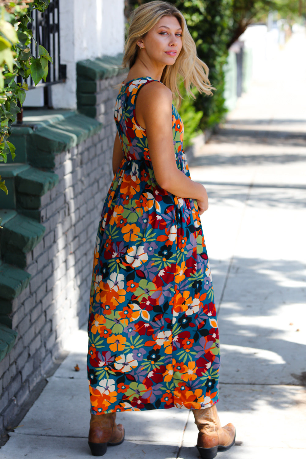 ONLINE EXCLUSIVE Teal & Maroon Flat Floral  Fit and Flare Sleeveless Maxi Dress