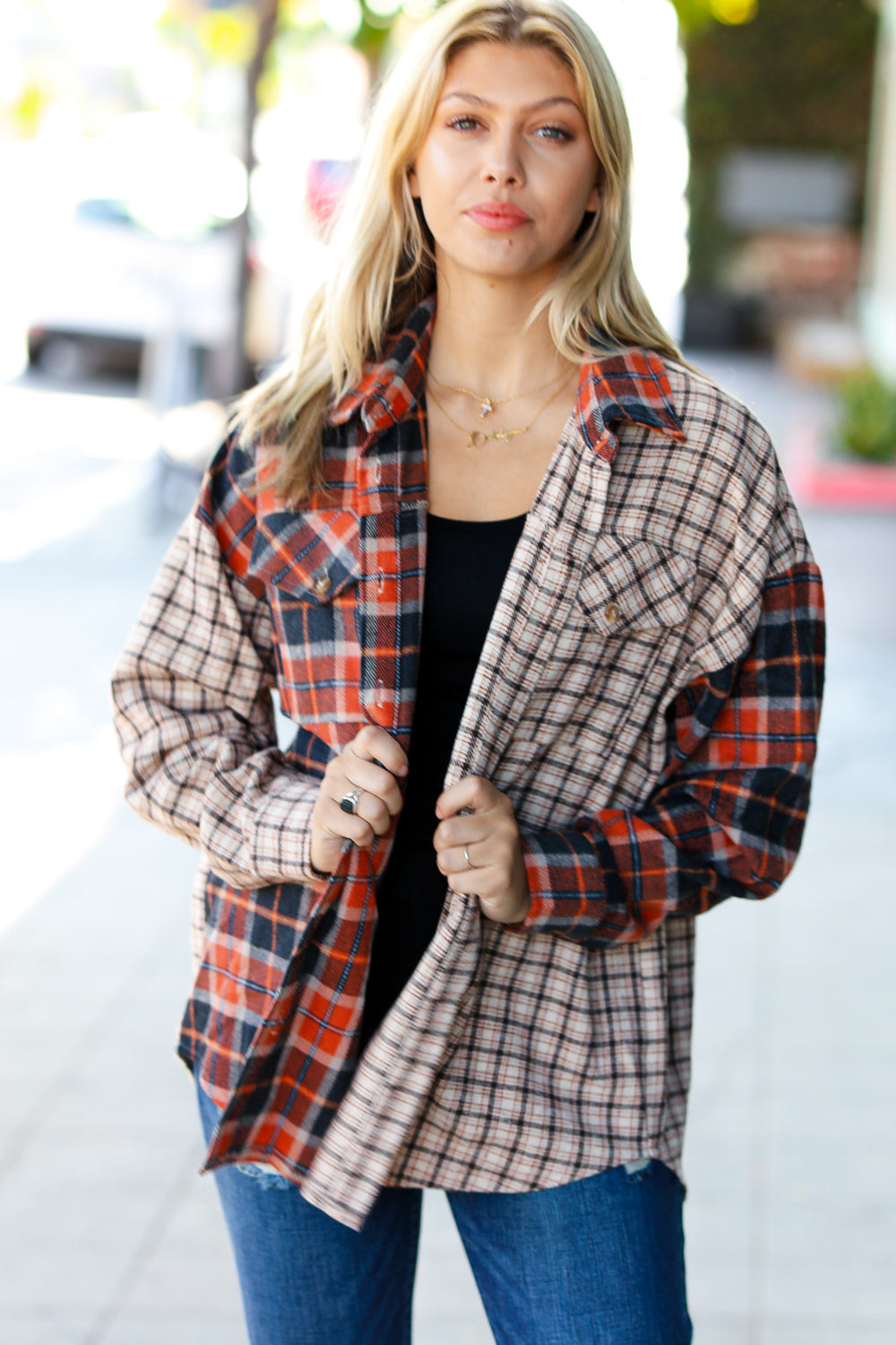 ONLINE EXCLUSIVE  Rust & Taupe Plaid Shacket