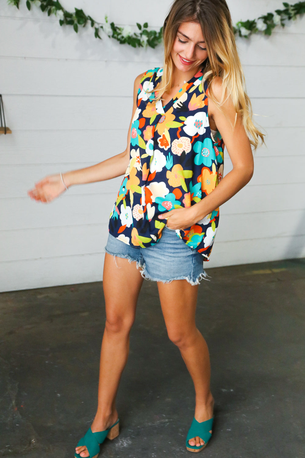 ONLINE EXCLUSIVE Navy Flat Floral Banded V Neck Sleeveless Top