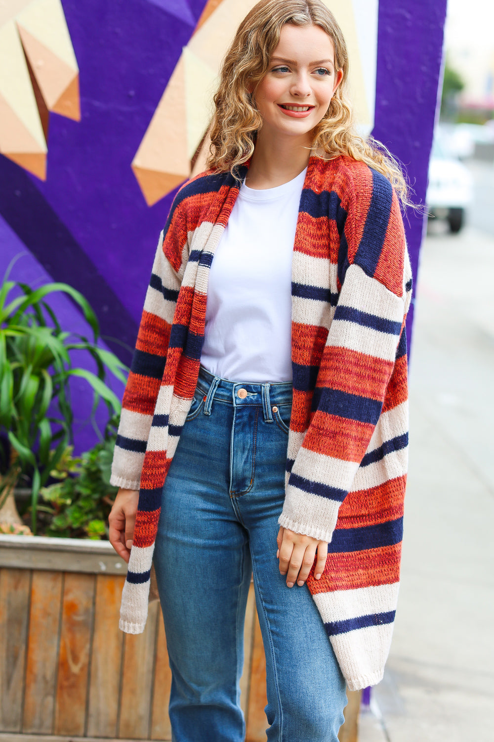 Rust & Navy Striped Pocketed Cardigan