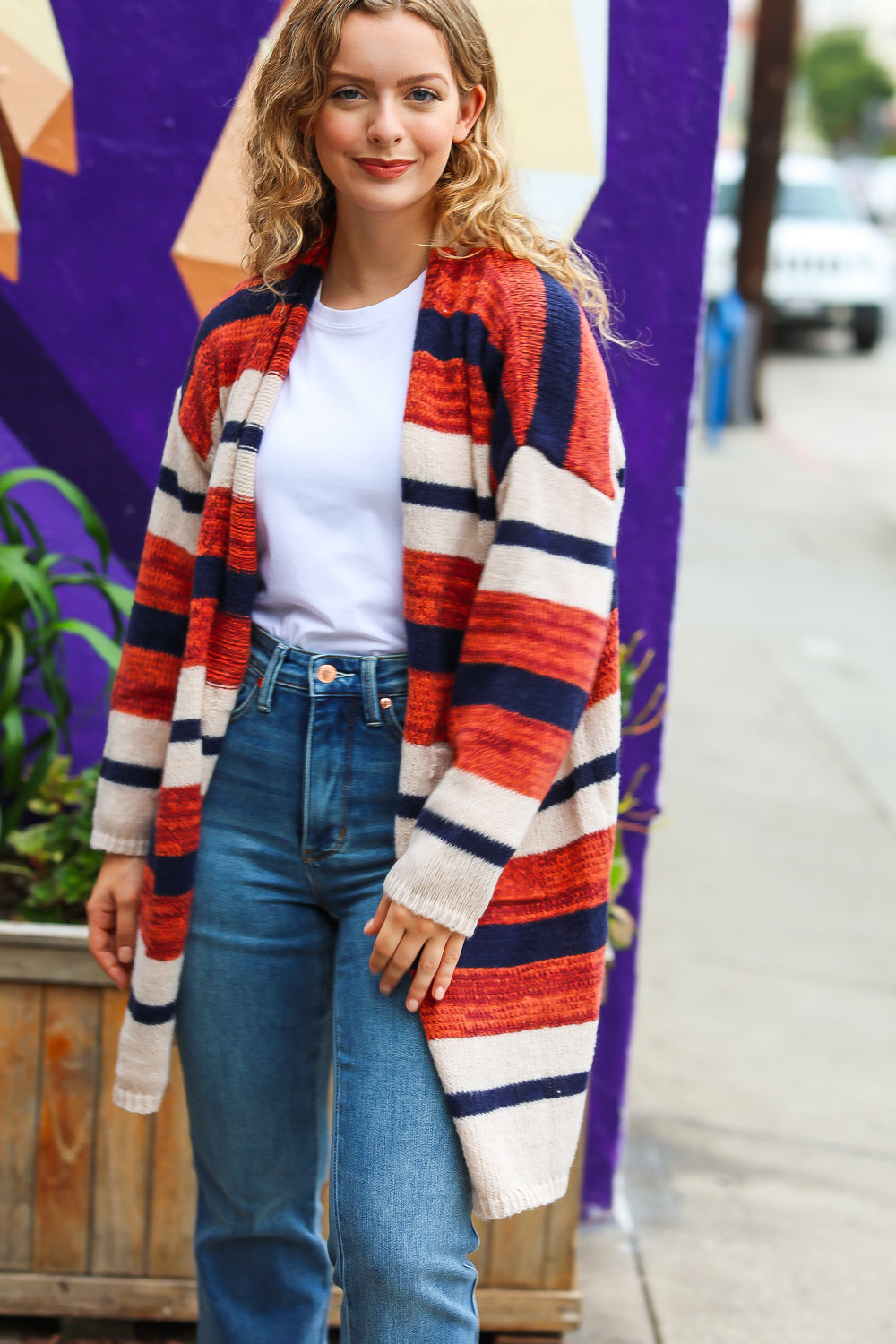 Rust & Navy Striped Pocketed Cardigan