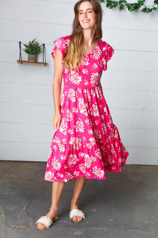 ONLINE EXCLUSIVE Fuchsia Floral Elastic Waist Fit and Flare Ruffle Midi Dress