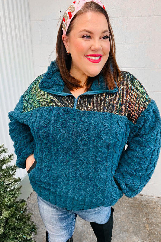 ONLINE EXCLUSIVE Teal Sequin & Sherpa Pullover