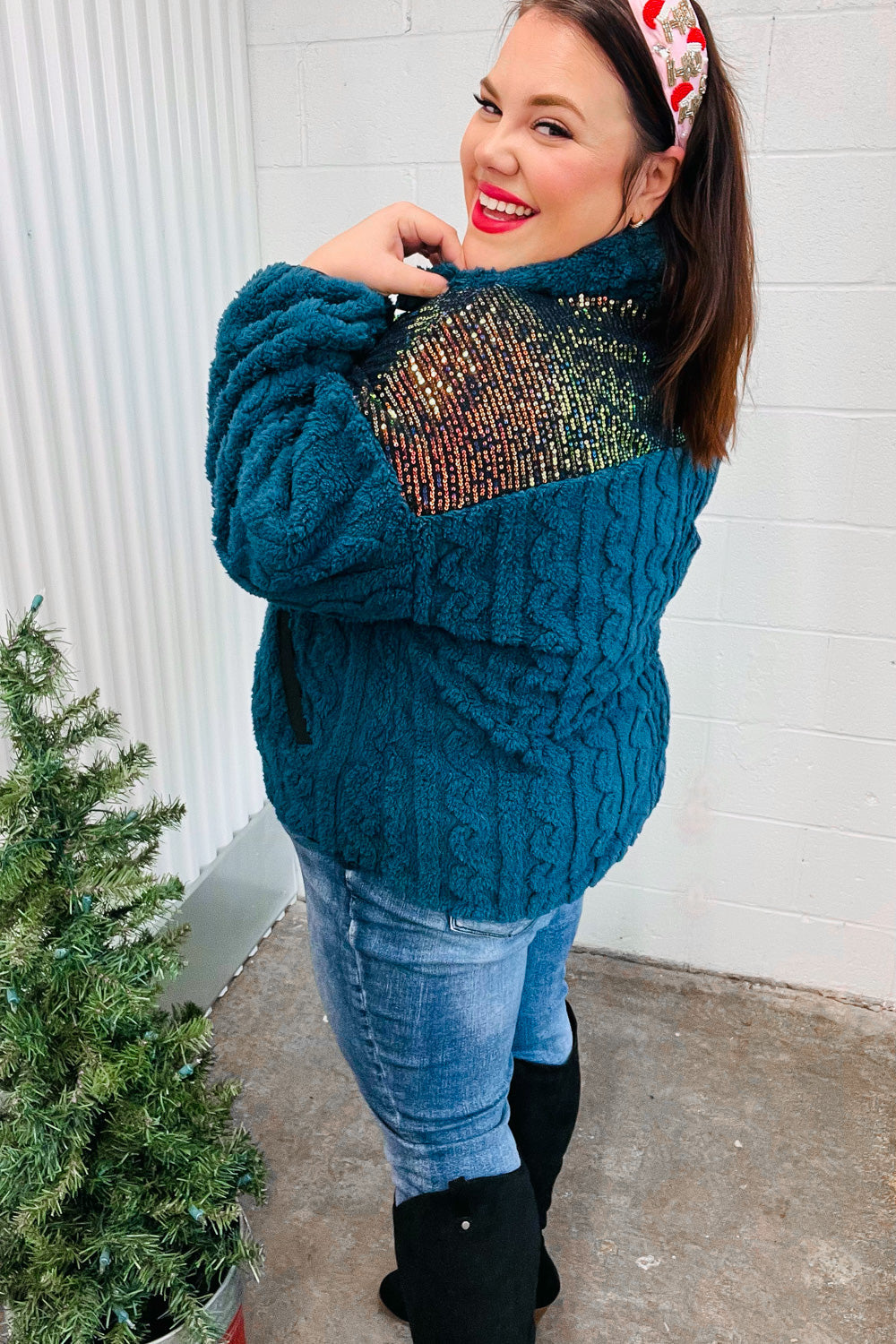 ONLINE EXCLUSIVE Teal Sequin & Sherpa Pullover