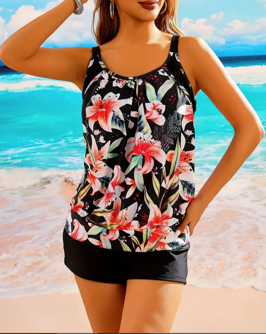 Black Floral Tankini and Shorts Swimsuit