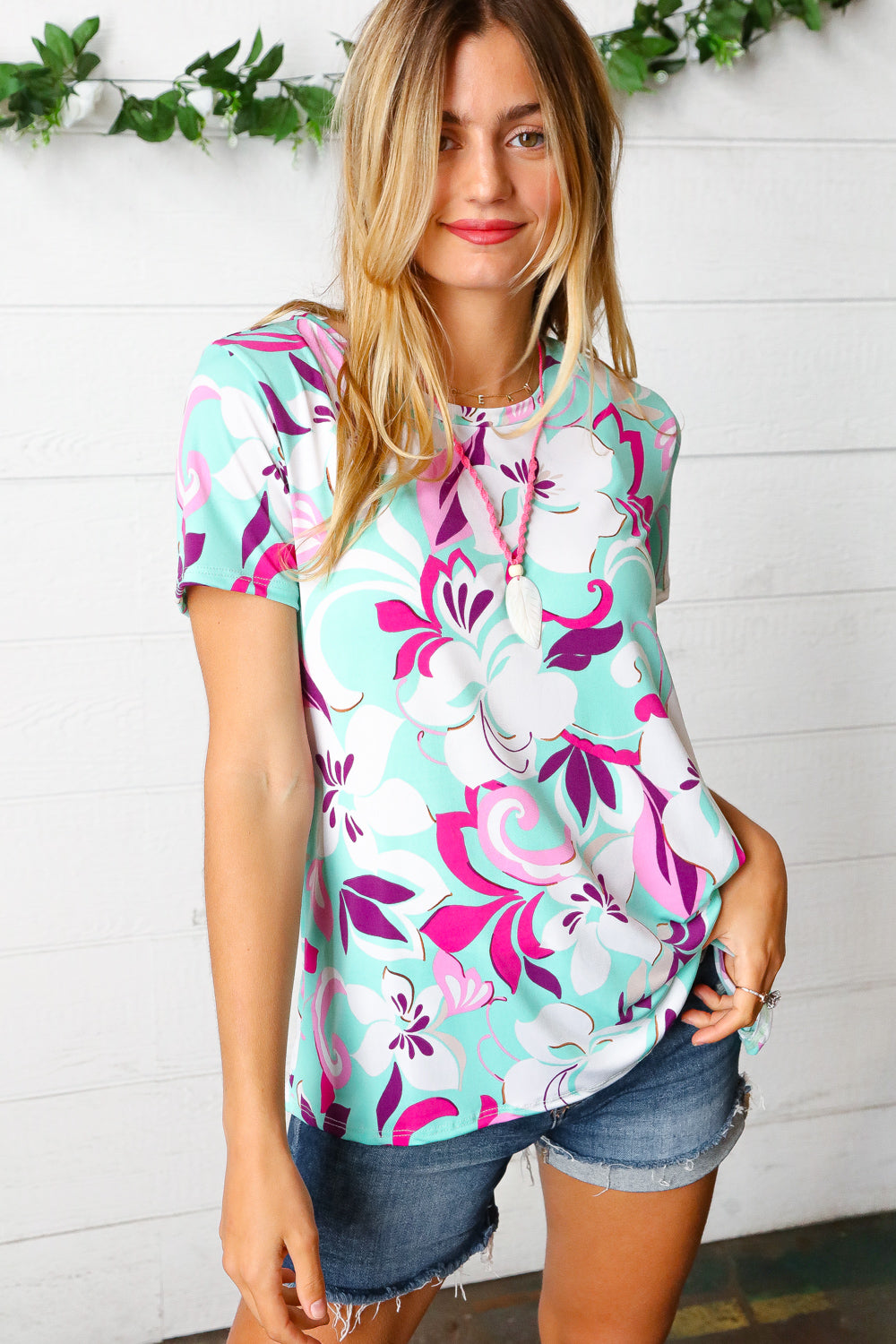 ONLINE EXCLUSIVE Turquoise & Purple Flat Floral Print Top
