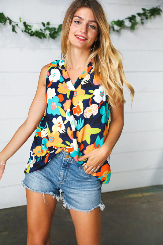 ONLINE EXCLUSIVE Navy Flat Floral Banded V Neck Sleeveless Top